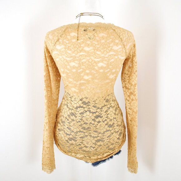 VTG 00s Y2K Moda International VS Tan Sheer Floral Lace Long Sleeve Top Sz S - Picture 3 of 6